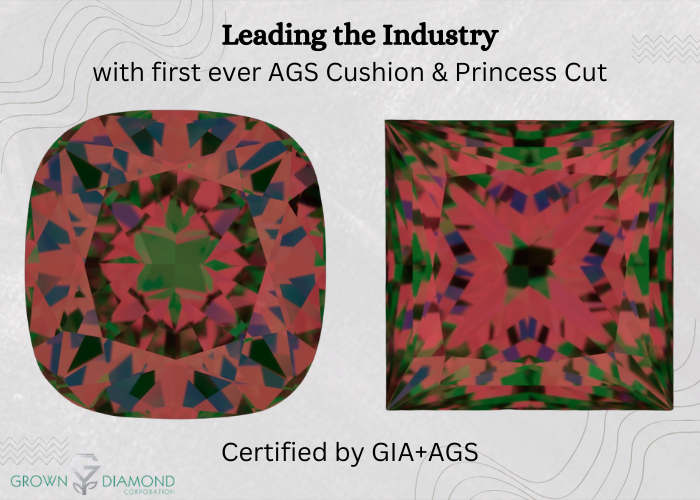 Grown Diamond Corporation leads the industry with the first-ever cushion and princess cut diamonds certified by GIA and AGS